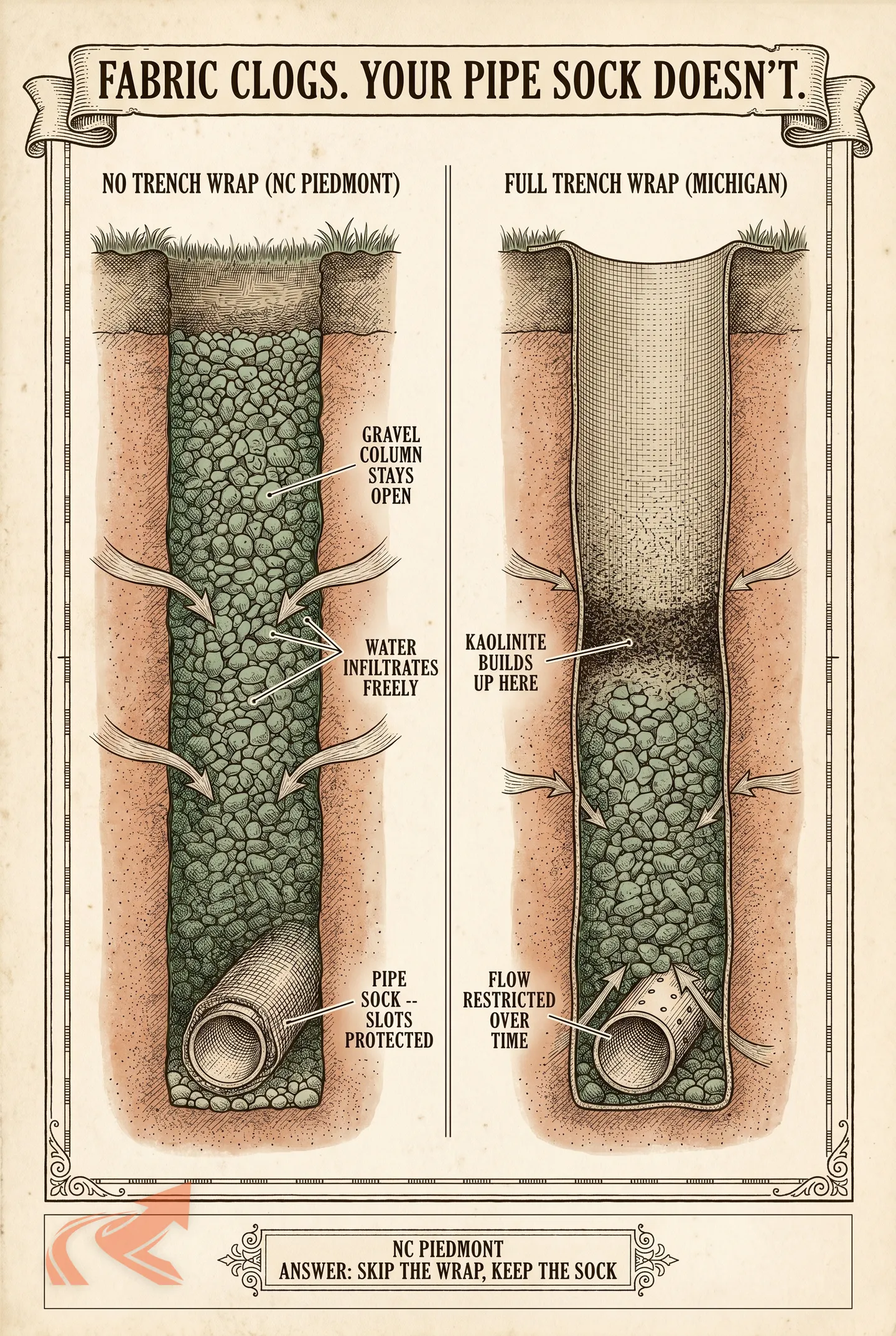 Comparison of when to use filter fabric on a French drain in NC Piedmont clay versus sandy soil, showing why the FDM and Apple Drains advice conflict without a soil-specific answer