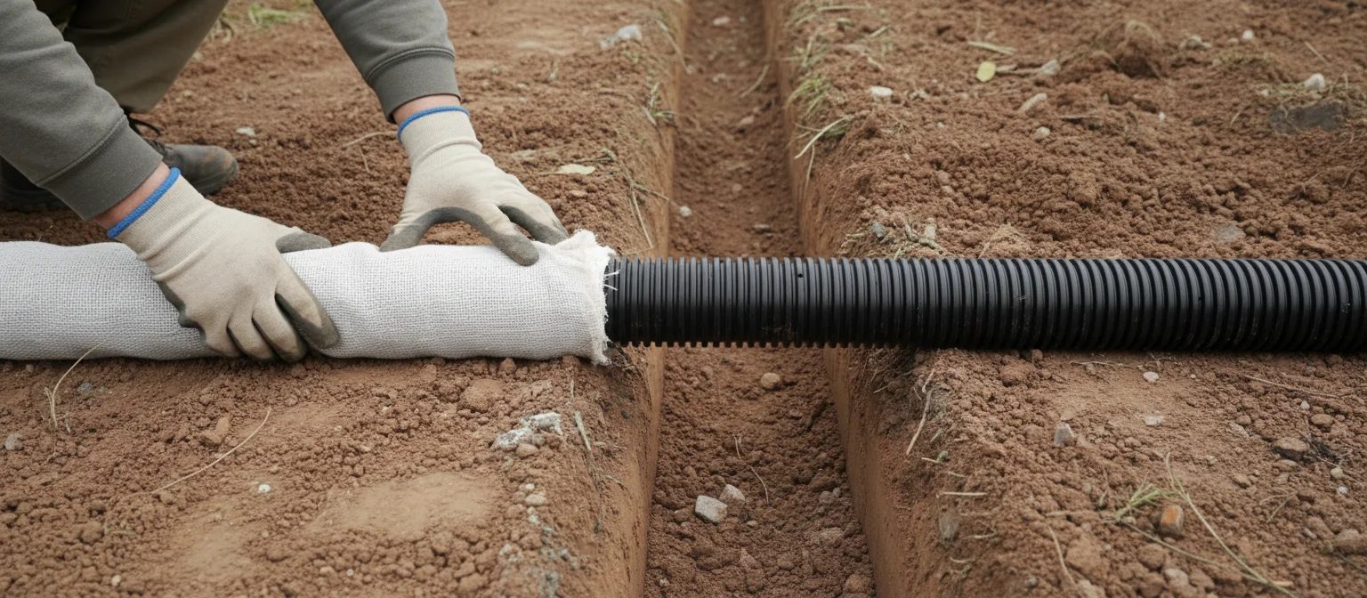 NC French drain filter fabric wrapped around perforated pipe in clay trench