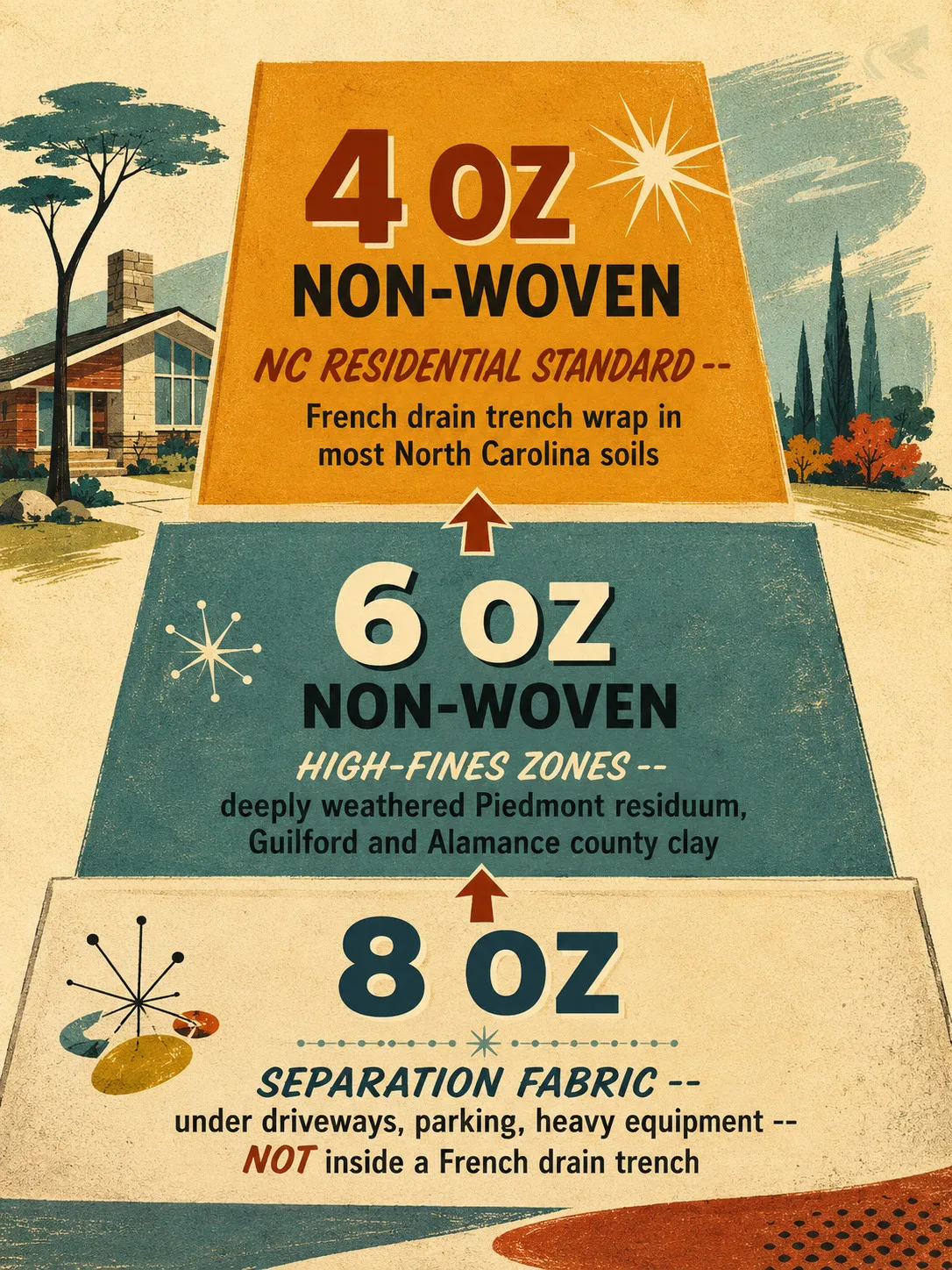 1950s-style illustration showing three geotextile weight classes as stacked tiers: 4 oz non-woven standard at top, 6 oz for high-fines zones in middle, 8 oz separation fabric at bottom