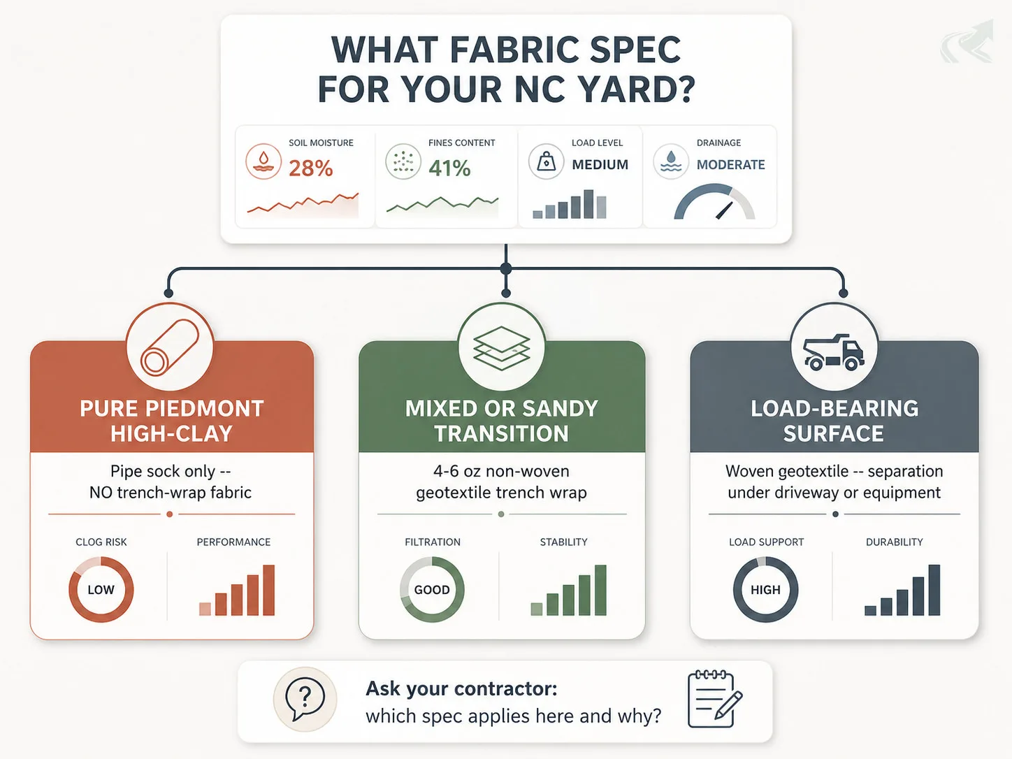 Dashboard-style decision card showing three NC French drain fabric specs by soil type: pipe sock only for pure high-clay, 4-6 oz non-woven for mixed soil, woven for load-bearing surfaces