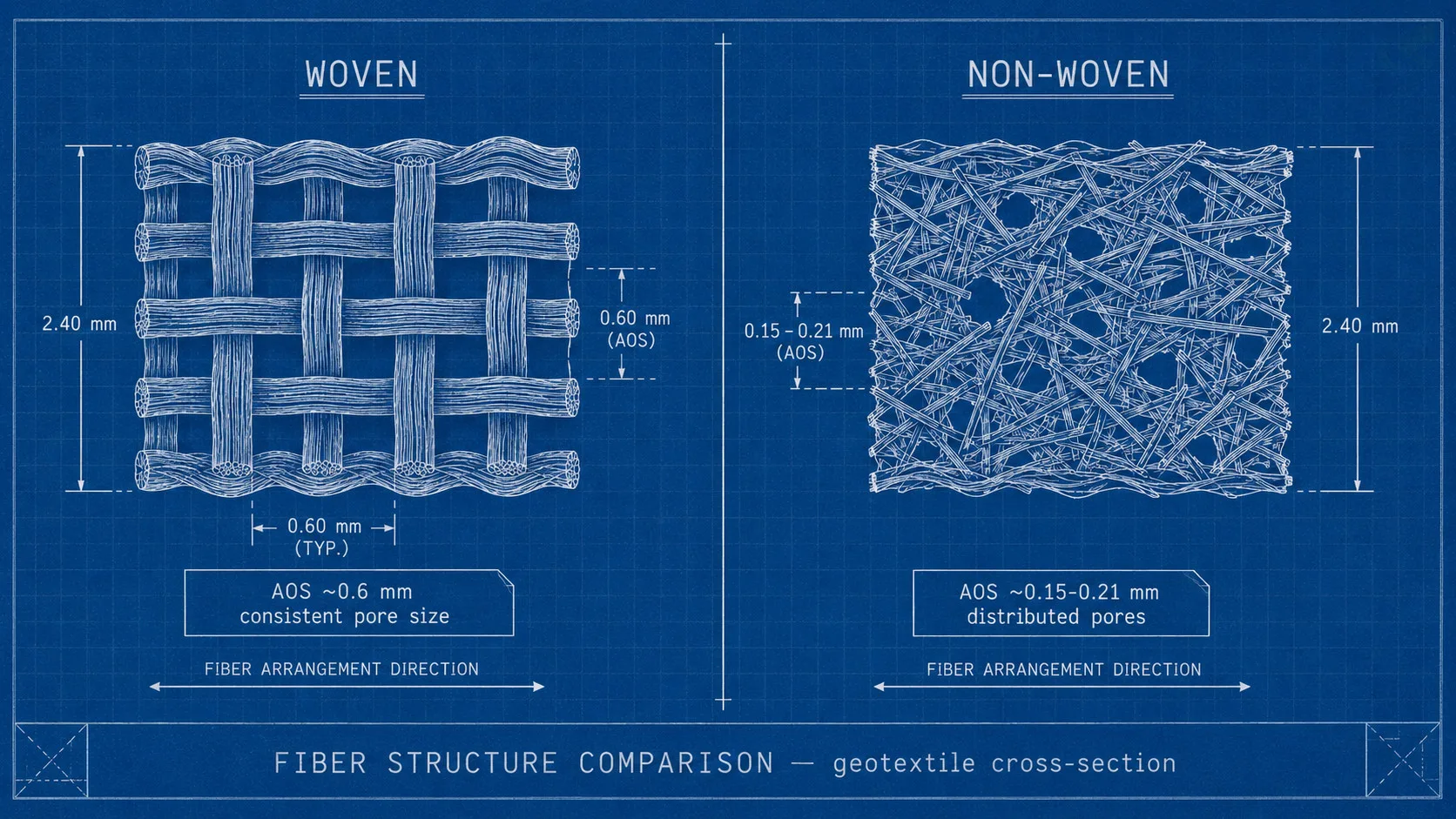 Blueprint cross-section comparison of woven geotextile's regular interlaced grid versus non-woven geotextile's random fiber matrix, with AOS annotations