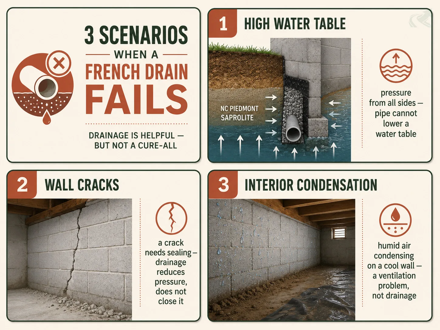 Bento-grid diagram showing three situations where a foundation French drain is not the right fix: high water table pressure from below, foundation wall cracks that need sealing, and interior condensation from humidity