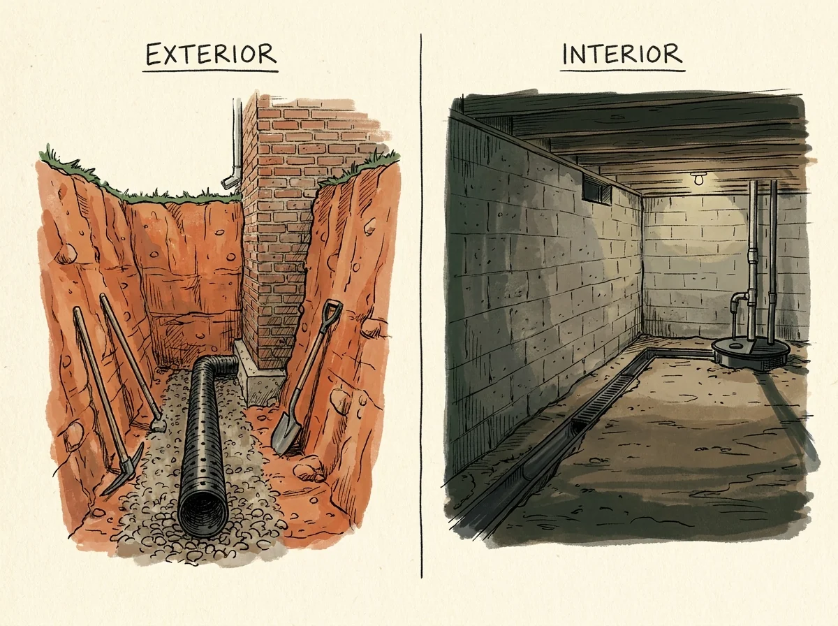 Split-panel editorial illustration comparing exterior and interior foundation drainage: left panel shows an excavation trench with red NC clay walls, perforated pipe, and gravel at footing depth; right panel shows an interior block-wall crawl space with drain tile channel and sump pump basin in the corner
