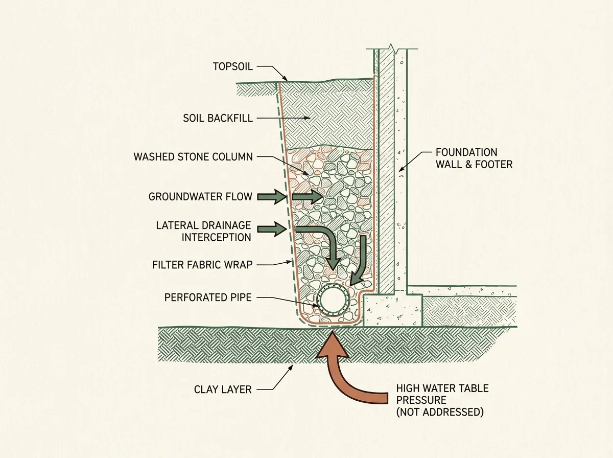 Technical cross-section diagram of an exterior foundation French drain showing perforated pipe bedded in washed stone at footing depth, filter fabric wrap, groundwater flow arrows intercepted before reaching the foundation wall, and a terracotta arrow from below labeled high water table pressure not addressed