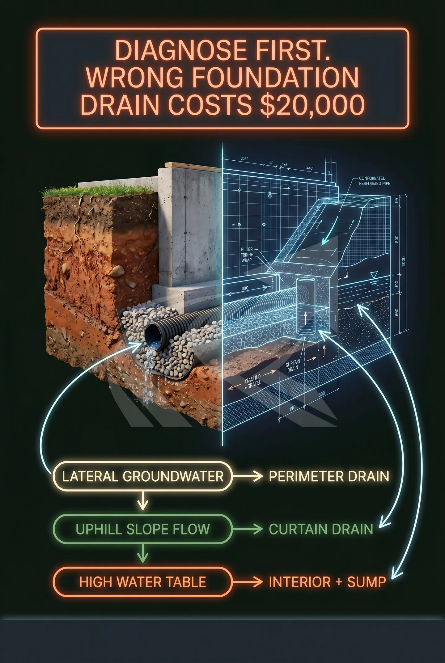 Diagram comparing perimeter French drain versus curtain drain at an NC foundation, showing which water source each one actually fixes before a homeowner signs a quote