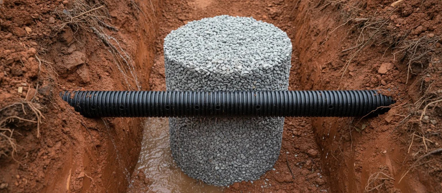 NC foundation French drain perforated pipe gravel at footing perimeter