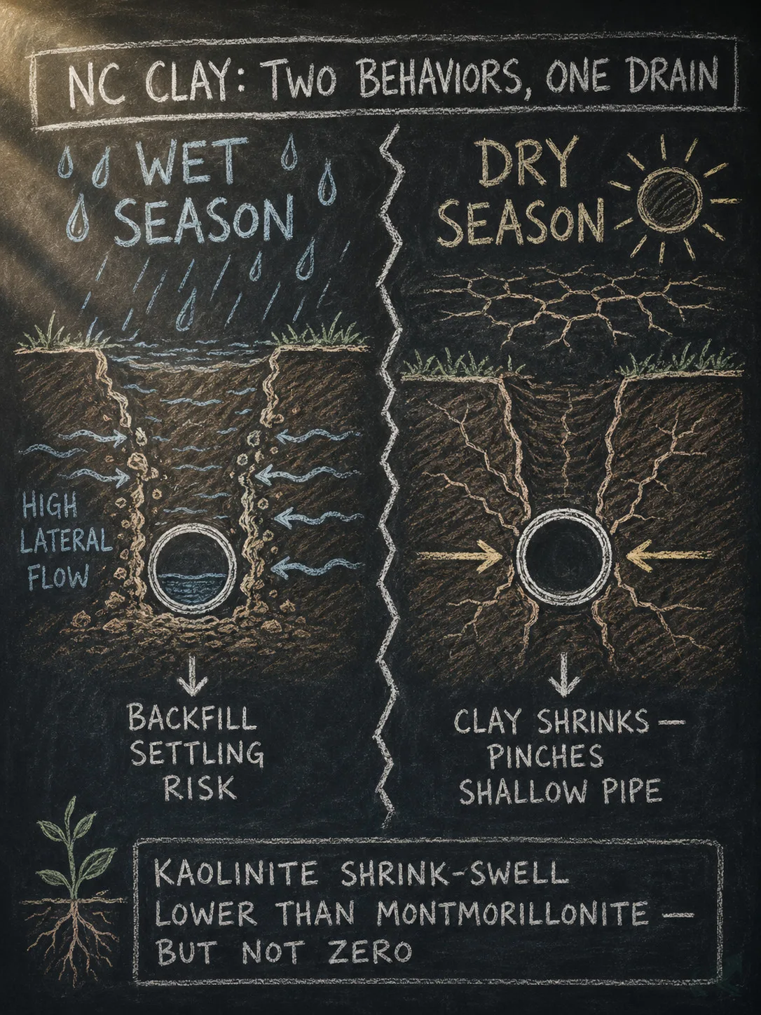 Chalkboard split diagram comparing NC clay behavior in wet season (high lateral flow, unstable walls) versus dry season (clay shrinks and can pinch a pipe installed too shallow)