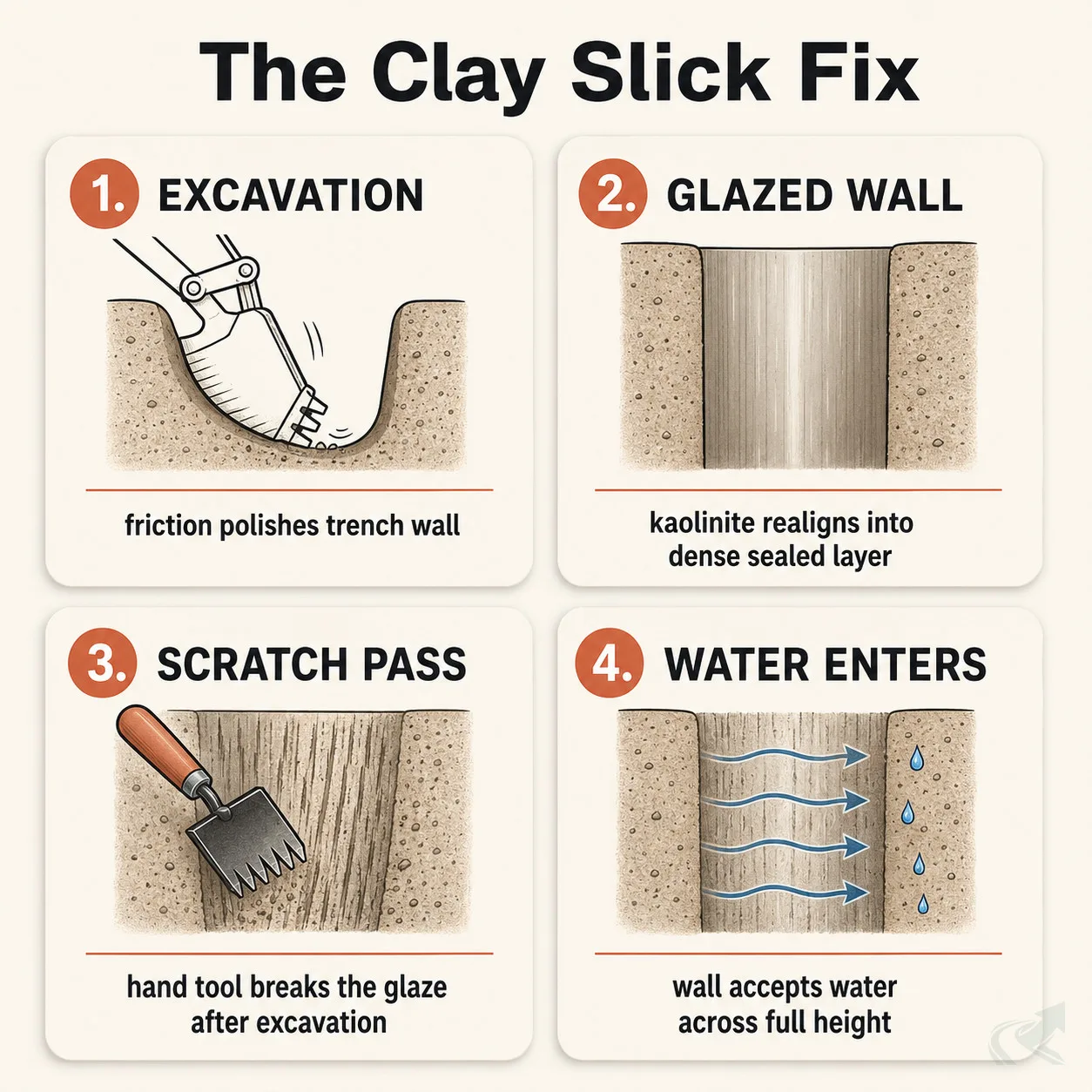 Bento-grid four-step diagram showing the clay slick problem: excavation glazes the trench wall, a scratch pass breaks the seal, and water can then enter the French drain