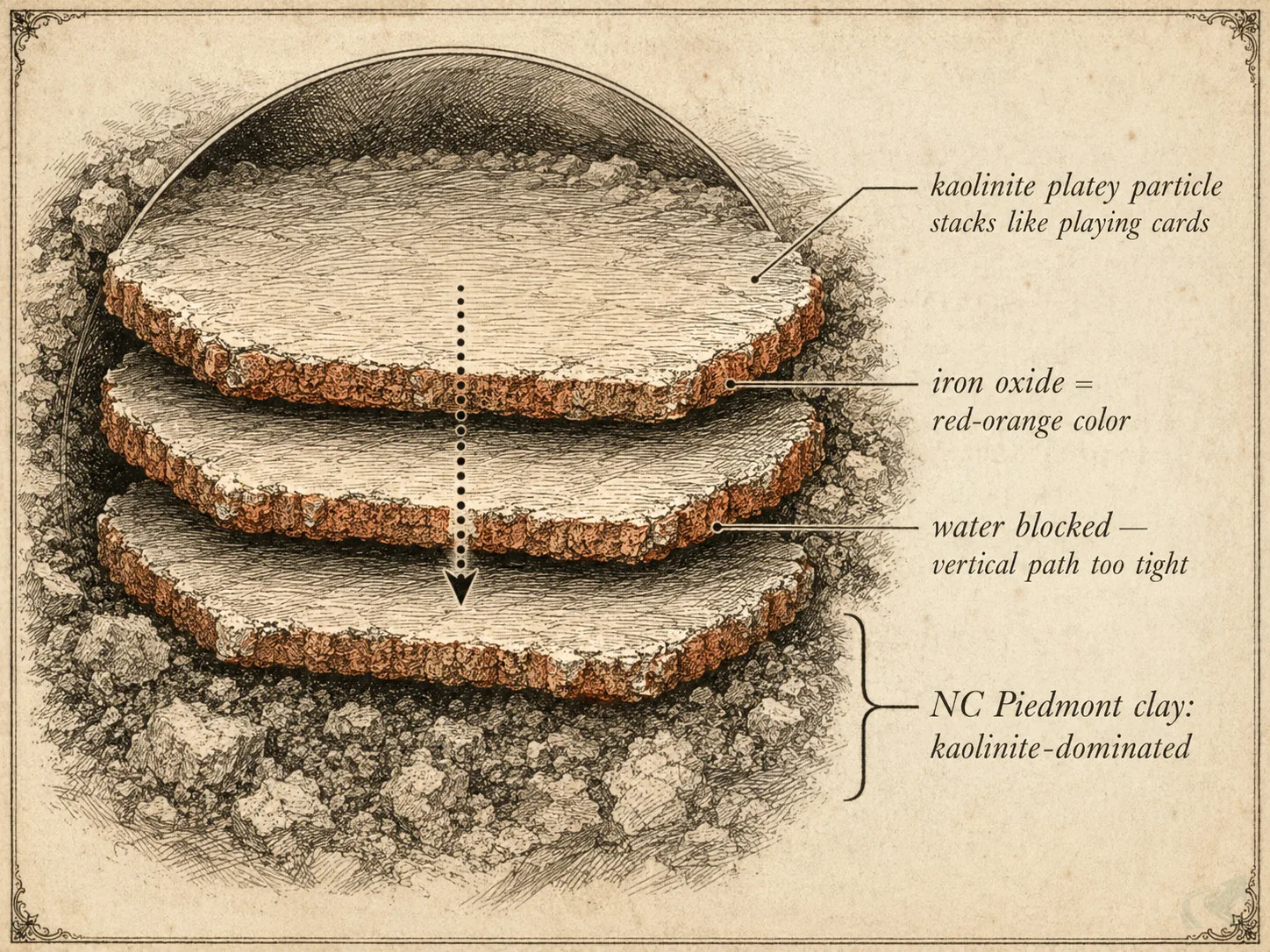 Vintage engraving cross-section of stacked kaolinite clay plates in NC Piedmont soil, showing iron oxide coating and how tightly packed platelets block downward water movement