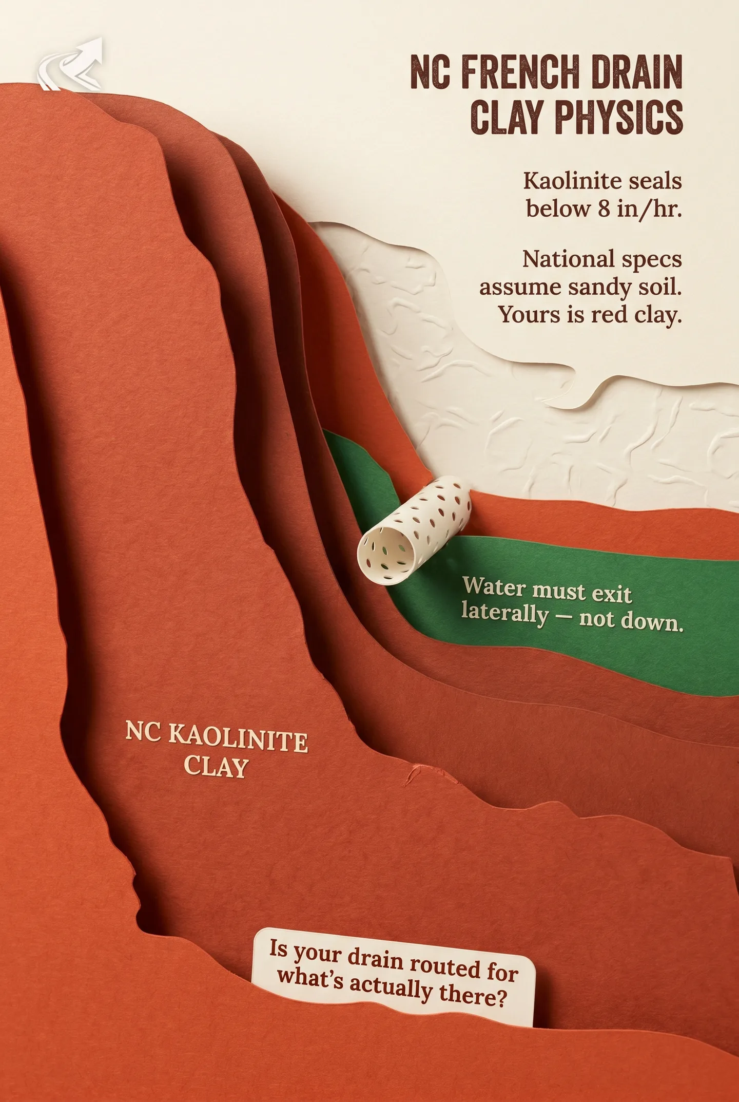 NC Piedmont clay turns a textbook French drain into a buried bathtub — water collects in the gravel and can't escape through the wall. Here's why the standard YouTube install fails in clay and what NC contractors do instead.