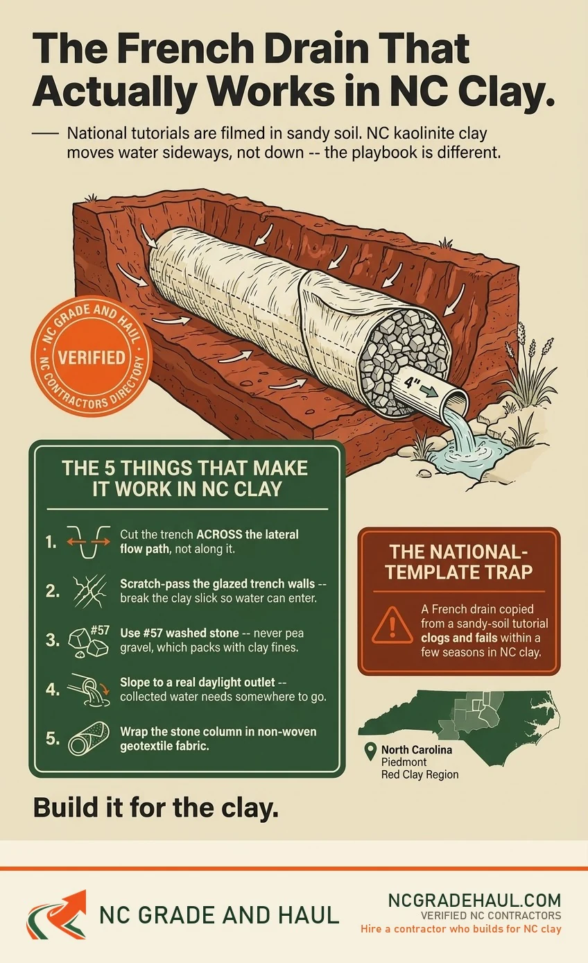 Field-guide infographic, The French Drain That Actually Works in NC Clay: national tutorials are filmed in sandy soil, but NC kaolinite clay moves water sideways, not down. The five things that make a French drain work here -- cut the trench across the lateral flow path, scratch-pass the glazed trench walls, use number 57 washed stone, slope to a real daylight outlet, and wrap the stone column in non-woven geotextile fabric -- plus the national-template trap: a drain copied from a sandy-soil tutorial clogs and fails within a few seasons in NC clay.