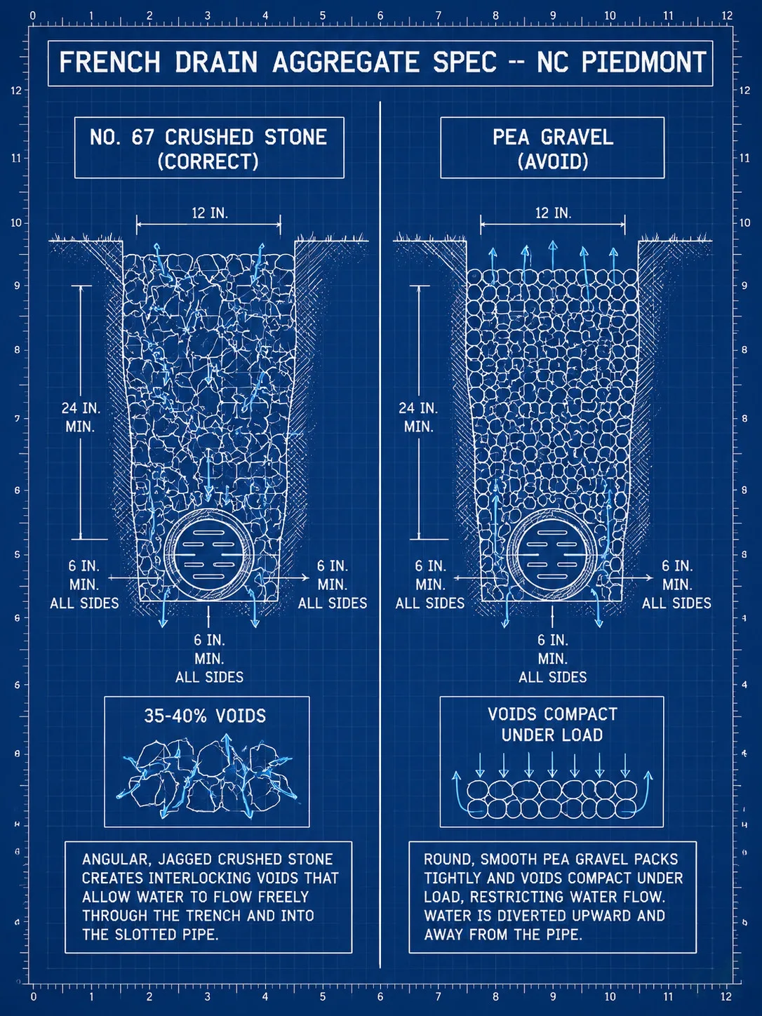 Blueprint-style engineering drawing comparing No. 67 crushed stone (correct) versus pea gravel (avoid) in a French drain stone column, showing 6-inch minimum clearance on all sides and void-ratio callouts