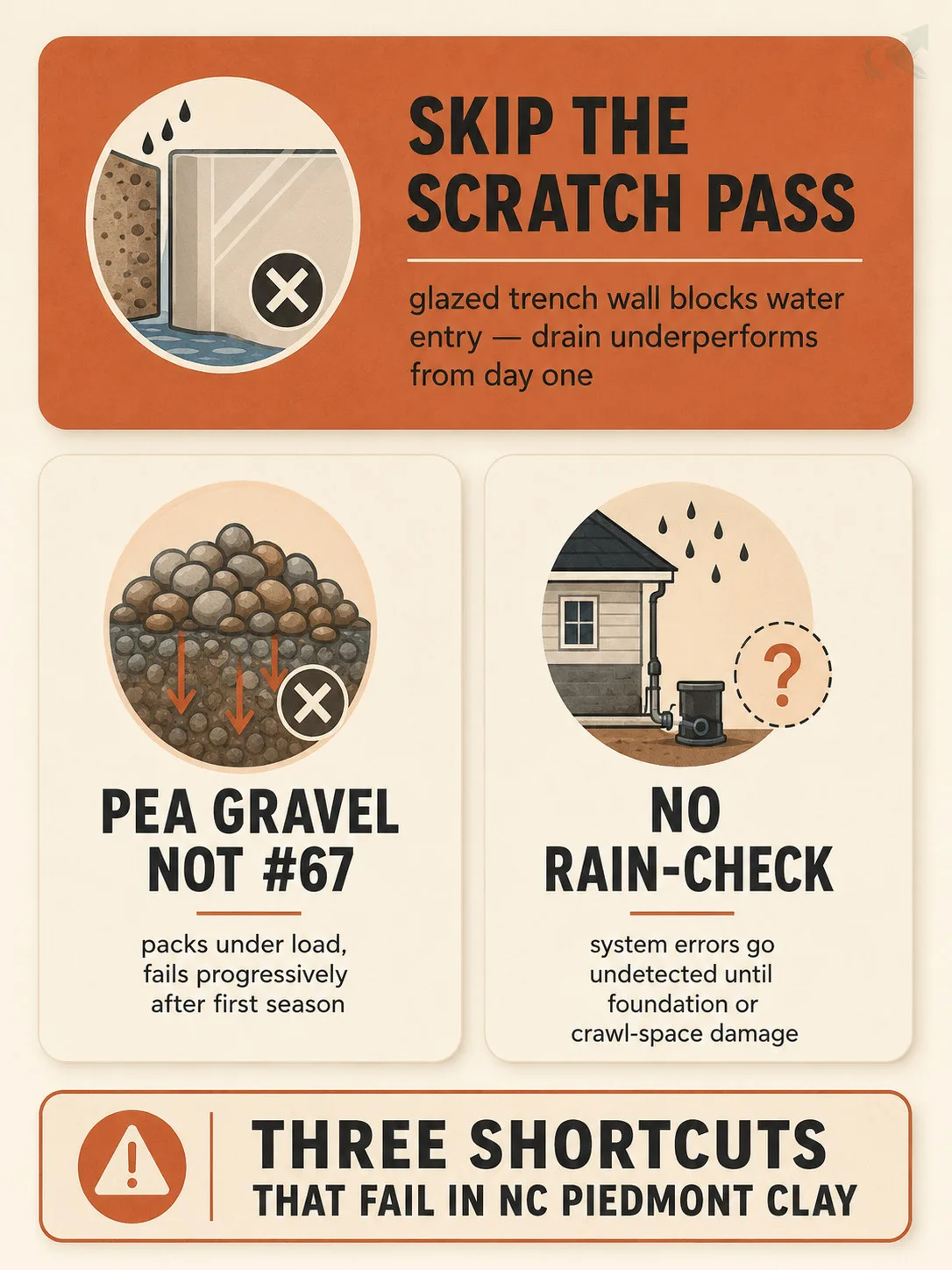 Bento-grid infographic showing the three most common French drain installation mistakes in NC Piedmont clay: skipping the trench-wall scratch pass, using pea gravel instead of #67 crushed stone, and skipping the 48-hour rain-check