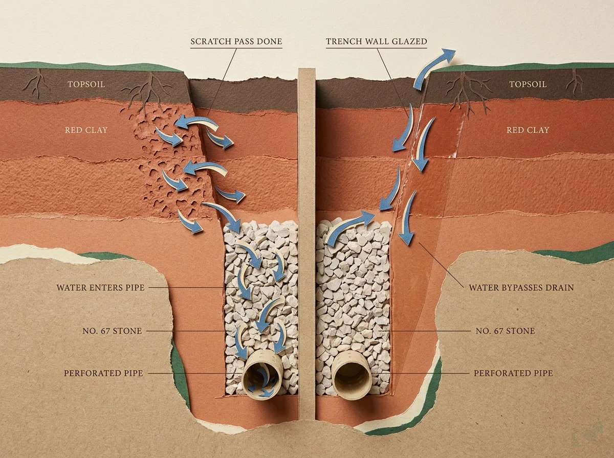 Papercraft cross-section comparing a French drain trench in NC red clay with a scratch pass done (left, water enters pipe through open clay pores) versus a glazed trench wall (right, water bypasses the drain and escapes upward)
