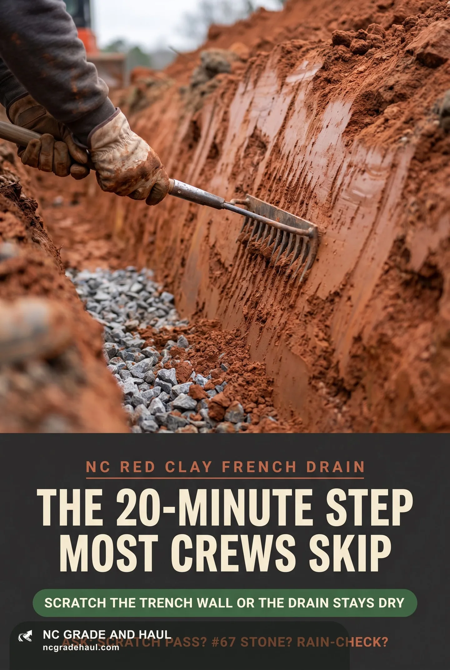 NC red clay French drain: a gloved hand drags a rake across the smeared trench wall to break the excavator glaze before stone goes in -- the 20-minute scratch pass most national-template crews skip. Ask your contractor: scratch pass, #67 stone, rain-check?