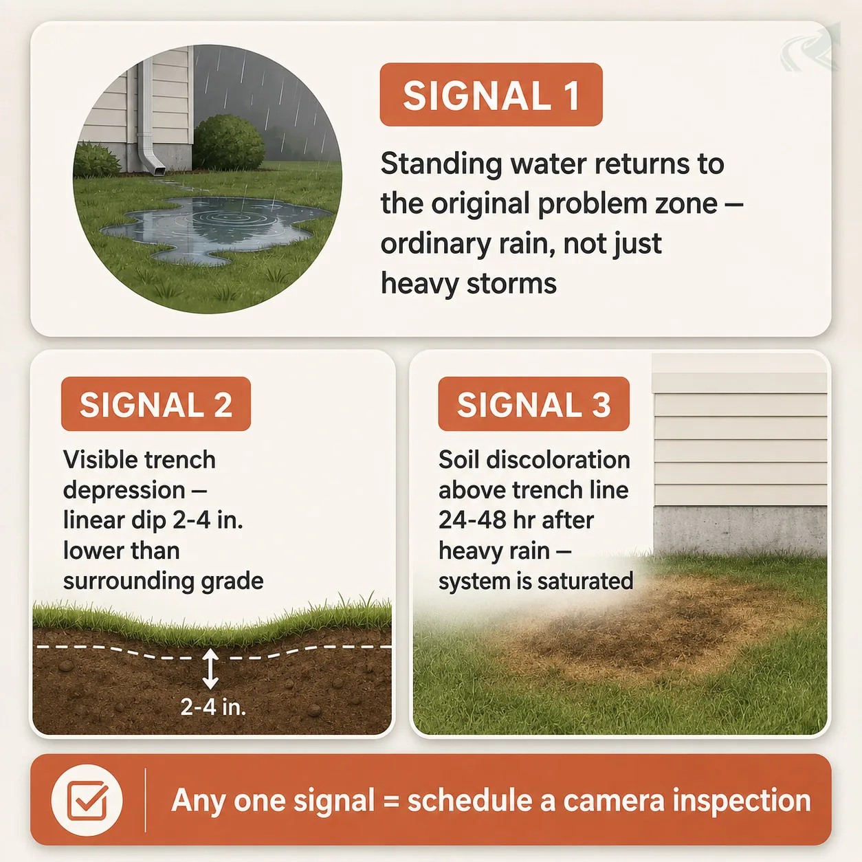 Bento-grid showing the three early French drain failure signals: standing water returning to the problem zone, a visible trench depression, and soil discoloration above the trench line after rain