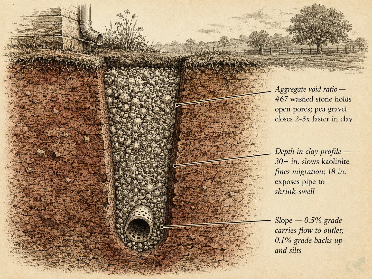 Vintage engraving cross-section of a French drain trench in NC red clay labeling the three installation variables that determine lifespan: aggregate void ratio, depth in the clay profile, and slope