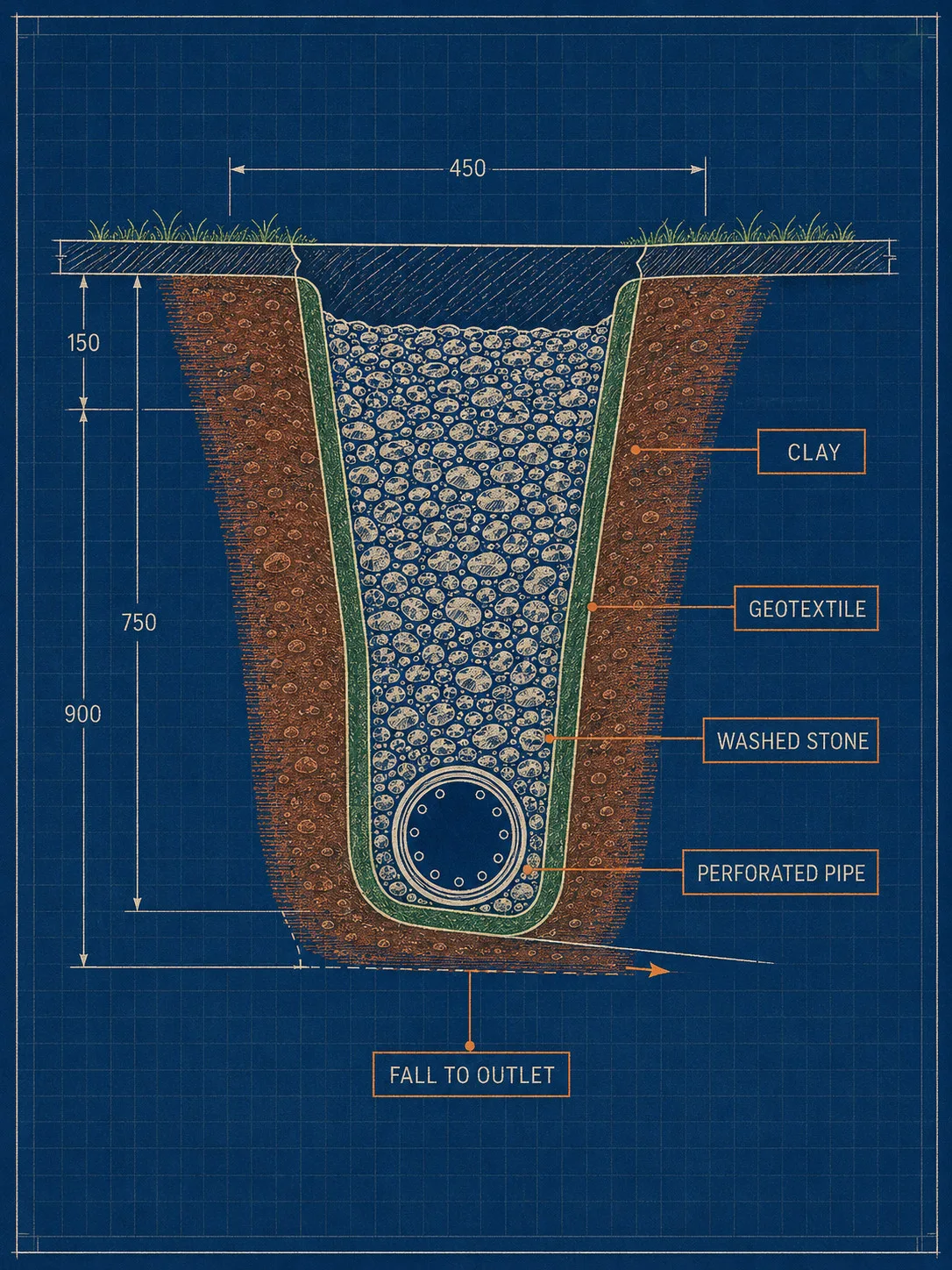A blueprint cross-section of a french drain trench in dense clay: perforated pipe in washed stone, geotextile separating stone from clay, falling toward an outlet