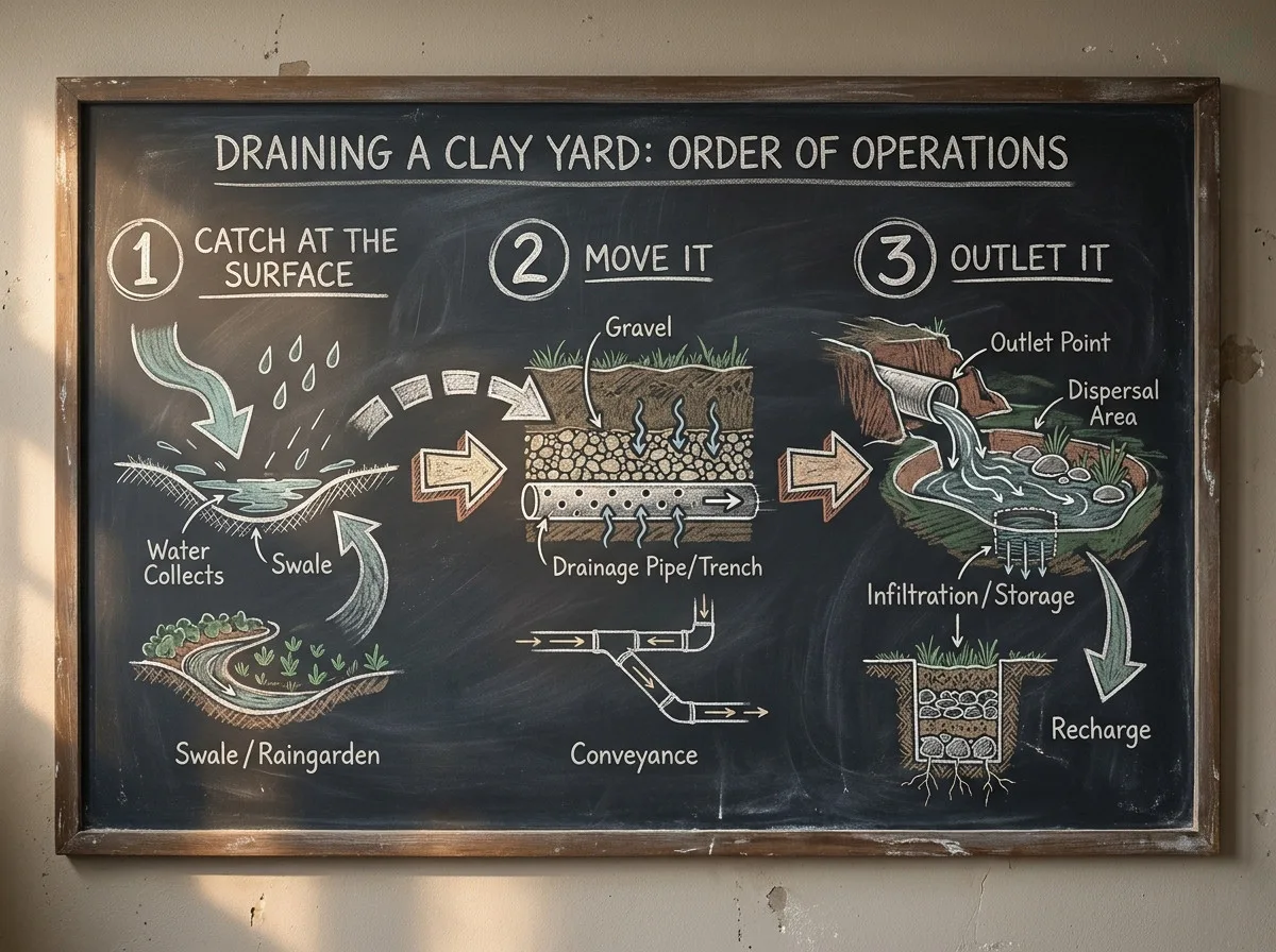 A teaching board showing the order of operations for draining a clay yard: catch at the surface, move it, give it an outlet