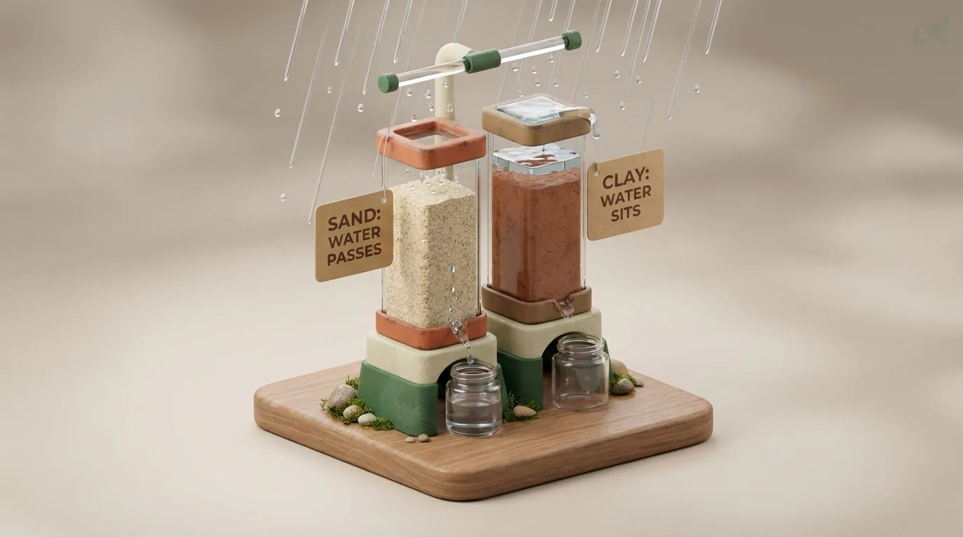 Two miniature soil columns under rain: sand letting water pass through, clay holding water on its surface where it pools