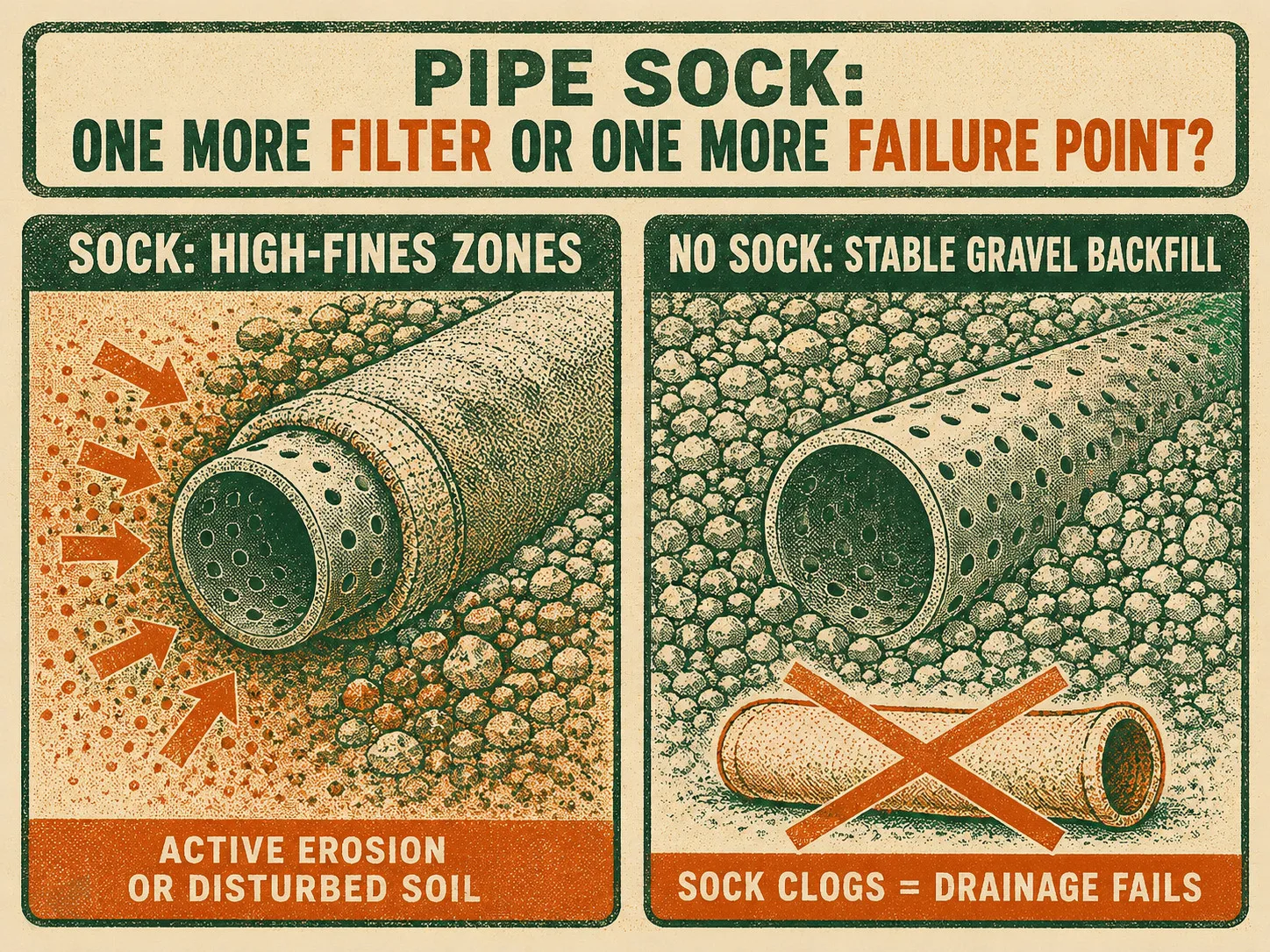 Risograph-style comparison illustration: sock-wrapped drain pipe in high-fines clay zones (left) versus bare pipe in stable gravel backfill (right), showing when a geotextile sock helps versus when it clogs and fails