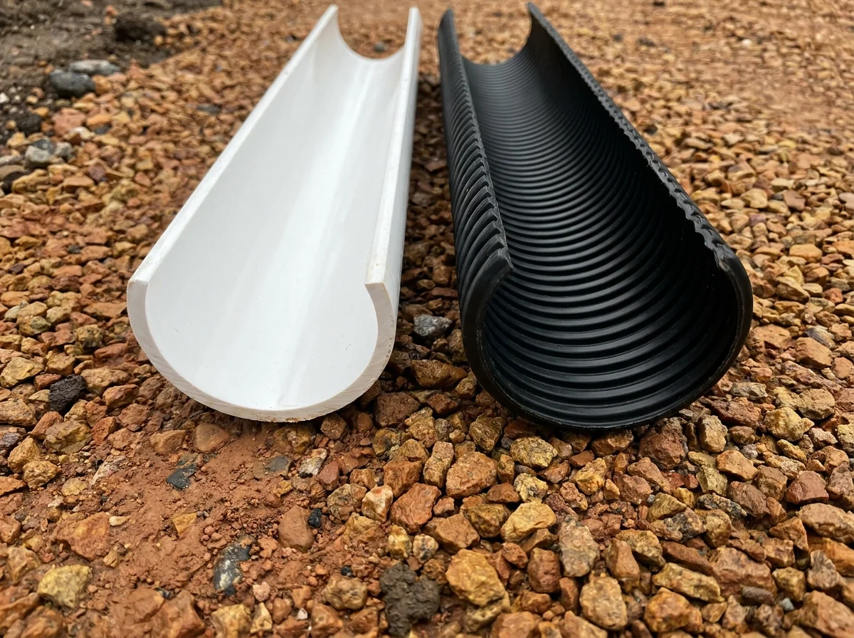 White SDR-35 PVC pipe and black corrugated HDPE pipe cut in half lengthwise side by side on NC red-clay gravel, showing the smooth interior wall of the PVC versus the ribbed corrugated interior of the HDPE