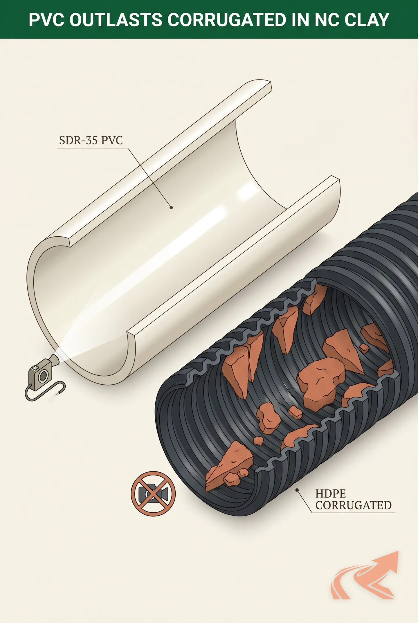 Side-by-side comparison of rigid SDR-35 PVC pipe versus flexible corrugated HDPE pipe for an NC French drain, showing which one stays cleanable and camera-inspectable 15 years out