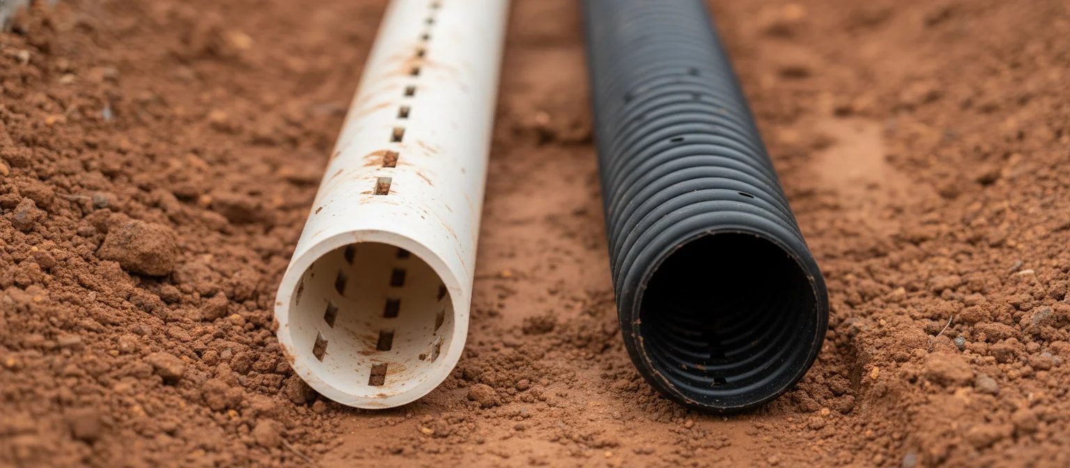 PVC vs corrugated perforated pipe NC French drain side-by-side comparison