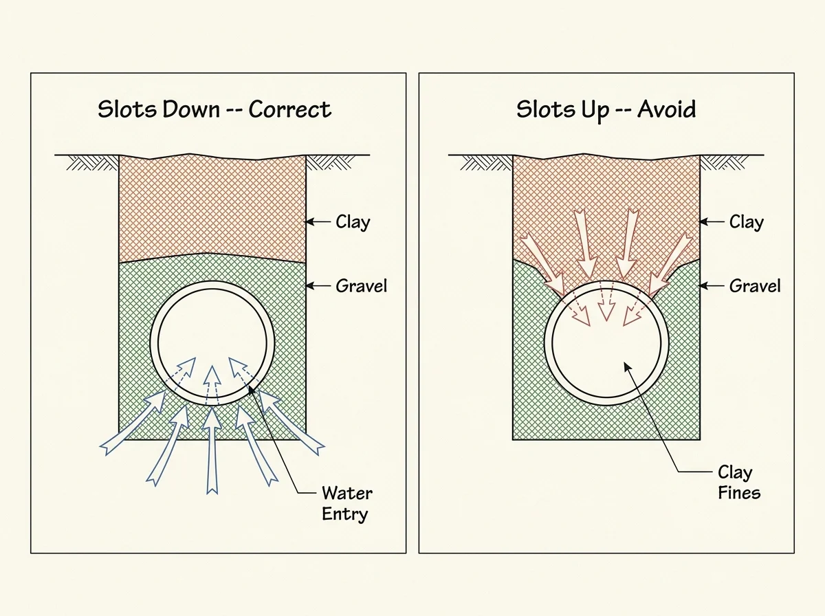 Technical cross-section diagram comparing slots-down pipe orientation (correct -- water enters from below through gravel) versus slots-up orientation (avoid -- clay fines driven directly into perforations by soil pressure)