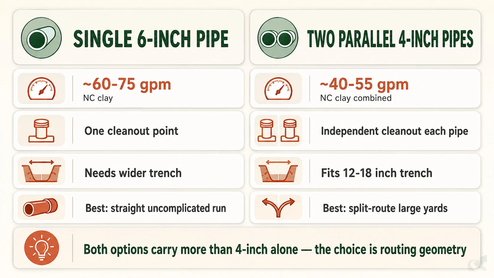 Bento-grid comparison of single 6-inch pipe versus two parallel 4-inch pipes for french drains: flow capacity in NC clay, cleanout access, trench width, and best-use case for each option