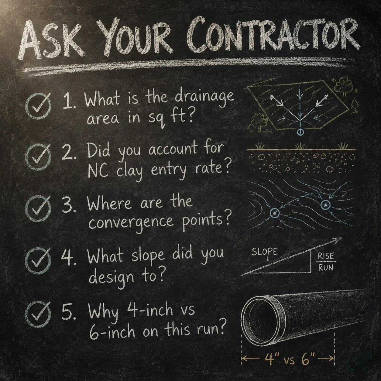 Chalkboard-style checklist of five questions to ask a contractor about french drain pipe sizing: drainage area, NC clay entry rate, convergence points, slope, and pipe diameter rationale