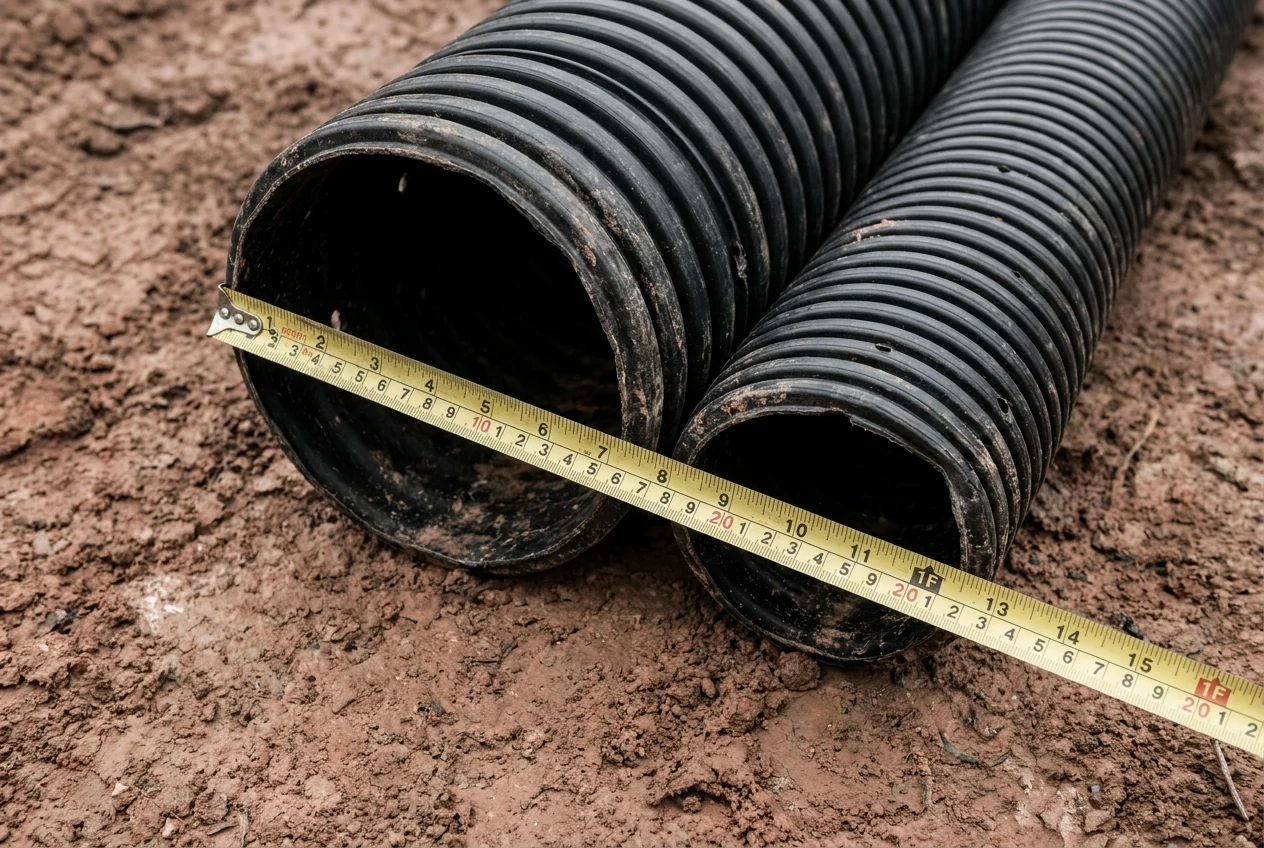 Two black corrugated perforated drainage pipe sections of different diameters lying side by side on NC red clay soil with a tape measure stretched across the openings for scale.