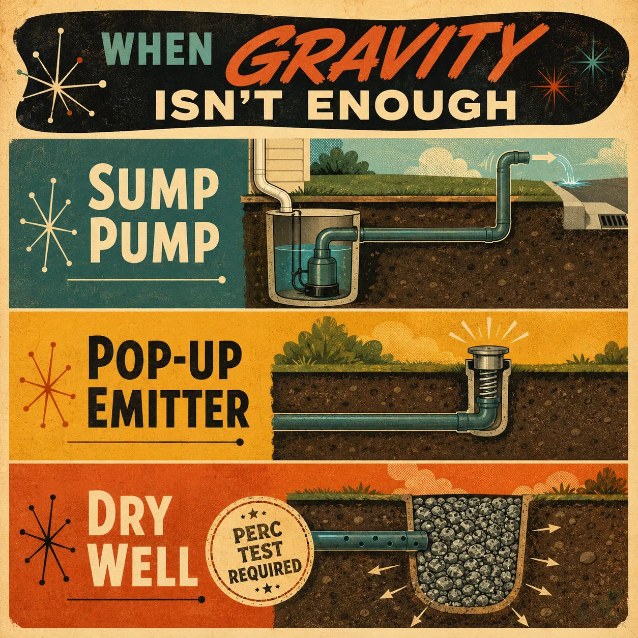 Mid-century style three-band diagram of engineered outlet options for flat yards: sump pump (teal), pop-up emitter (mustard), and dry well (burnt orange) with a perc-test-required badge