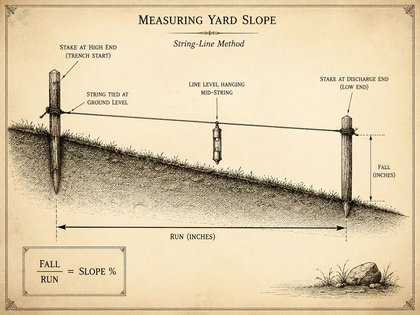 Vintage engraving cross-section diagram showing the string-line grade method: stake at trench start, taut level string, vertical fall arrow at discharge end, and the formula fall / run = slope percent