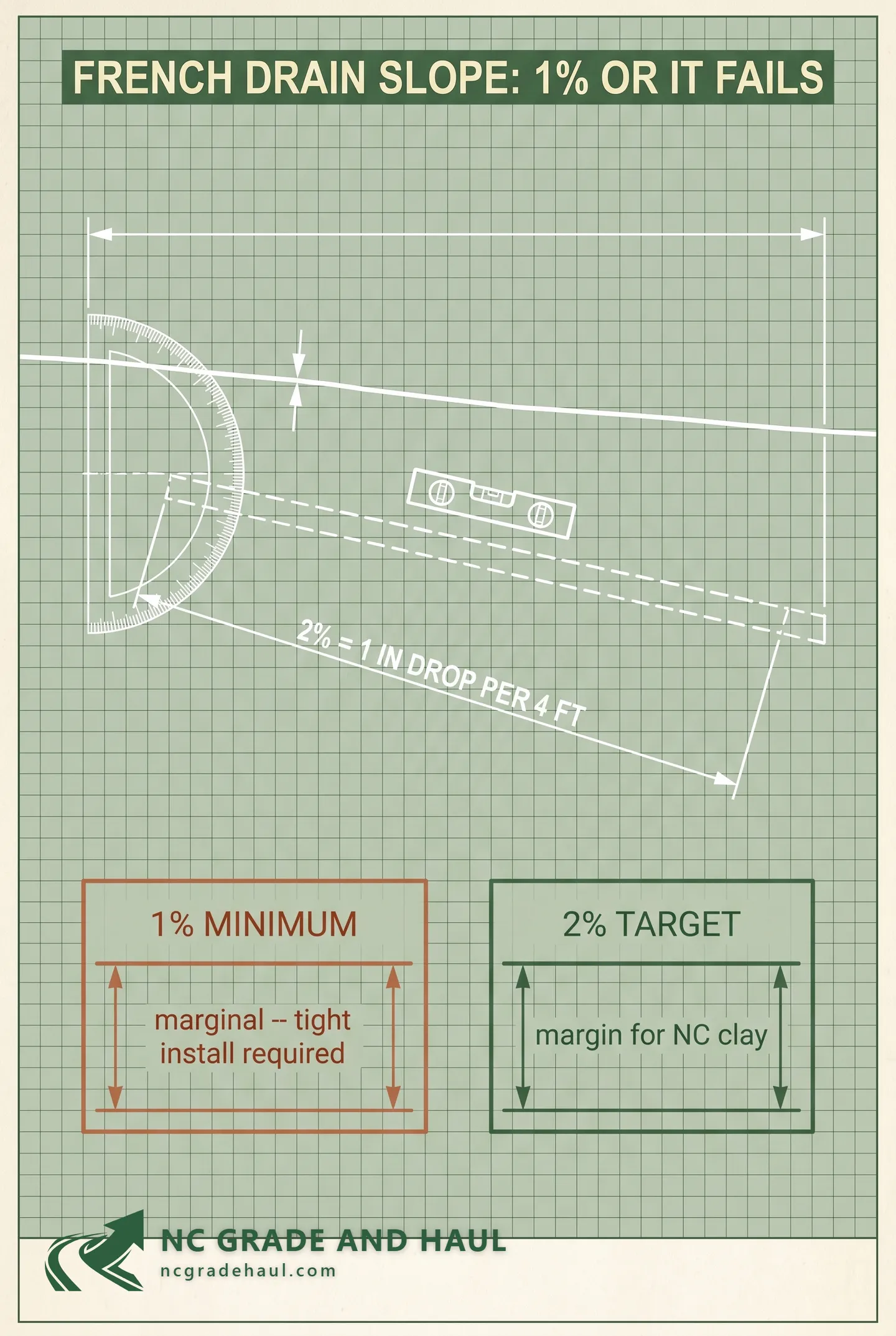 French drain slope diagram showing the 1 percent minimum grade versus the 2 percent NC Piedmont target, with the rise-over-run math homeowners can check before hiring