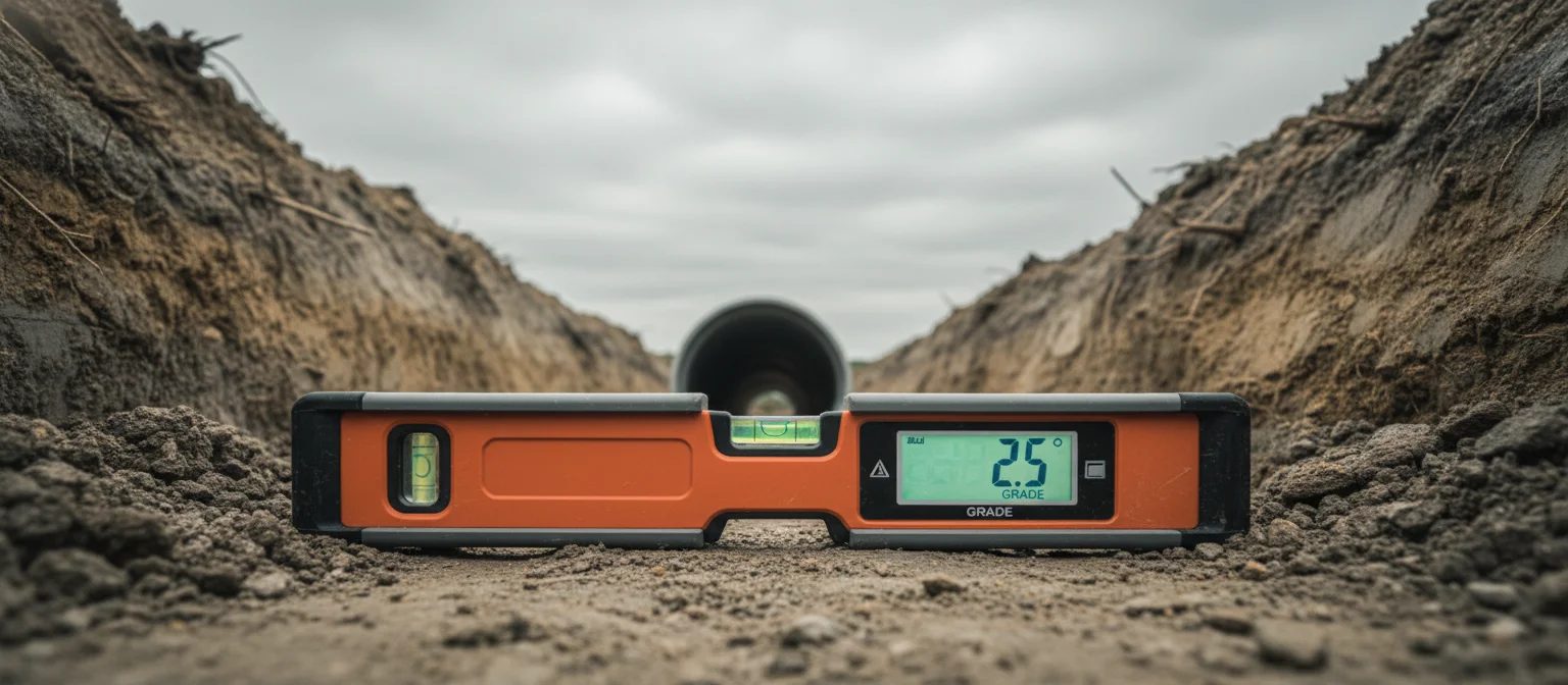 NC French drain slope measurement torpedo level in trench 1 percent grade