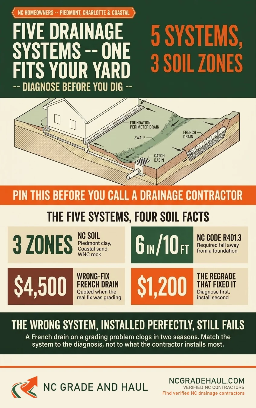 NC Grade and Haul infographic: Five drainage systems, one fits your yard. NC has 3 soil zones -- Piedmont clay, Coastal sand, WNC rock. NC code R401.3 requires 6 inches of fall in 10 feet away from a foundation. A wrong-fix French drain is often quoted at $4,500 when the real fix was a $1,200 regrade. The wrong system installed perfectly still fails -- match the system to the diagnosis.