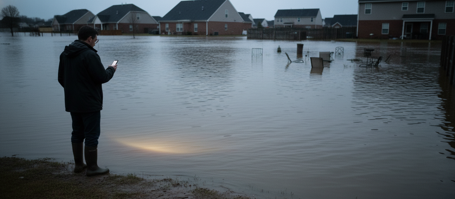 NC lot flooding homeowner surveying standing water across unbuildable yard