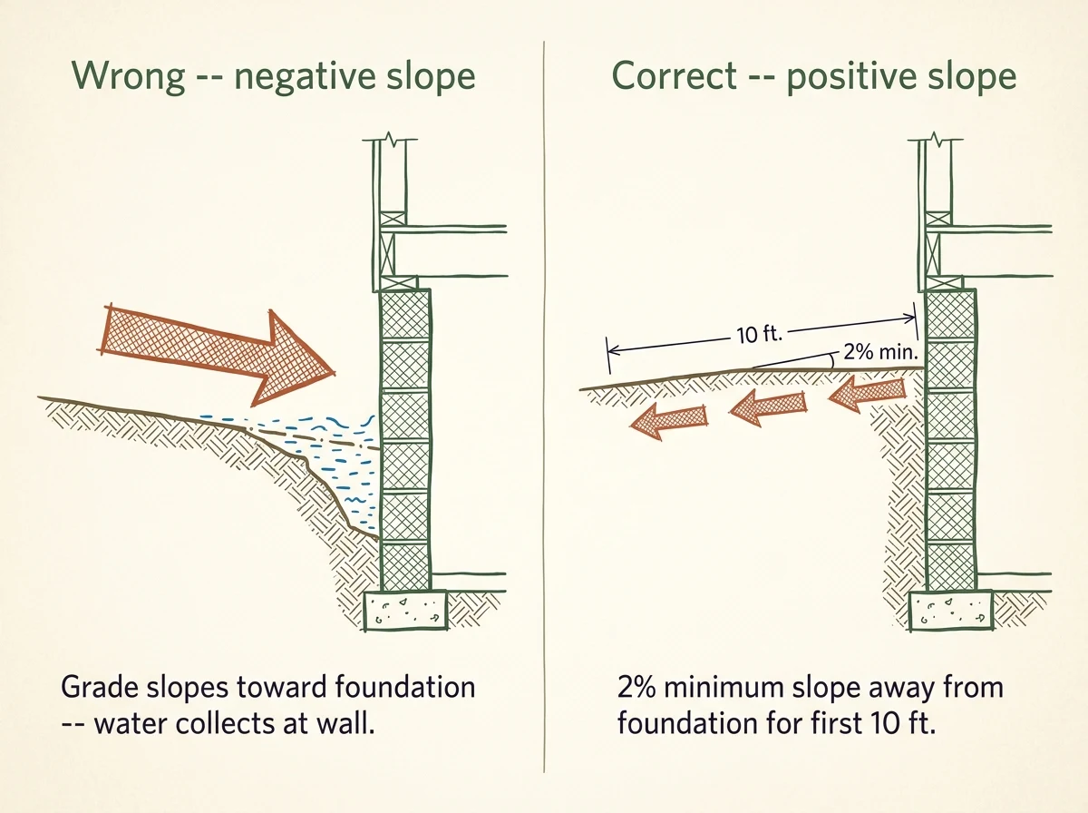 Side-by-side cross-section schematic: left panel shows finish grade sloping toward a residential foundation with water pooling at the wall (wrong -- negative slope); right panel shows corrected positive drainage with grade sloping away at 2% minimum for the first 10 feet (correct -- positive slope)