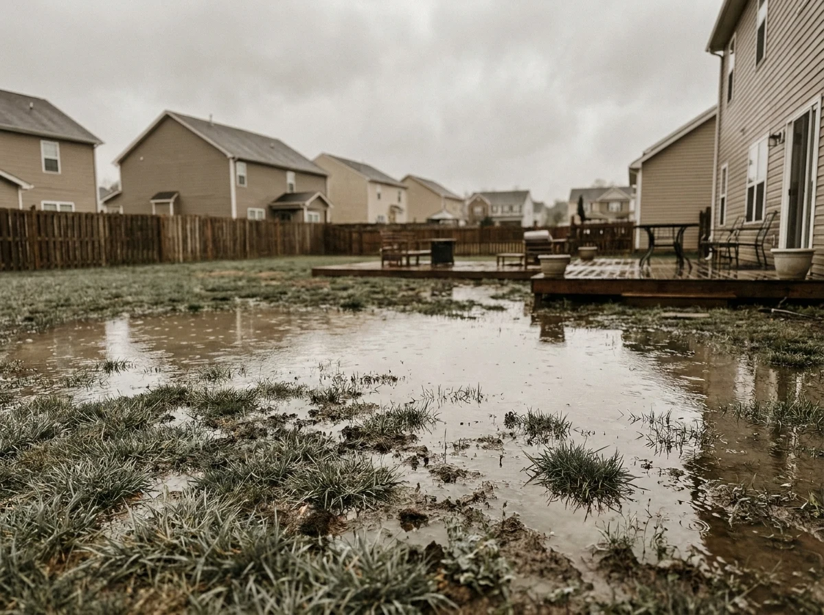 Residential backyard in a North Carolina subdivision with severe standing water -- grass submerged, soil saturated, overcast sky, no visible drainage outlet; the low-point pooling shows no path for water to escape the yard