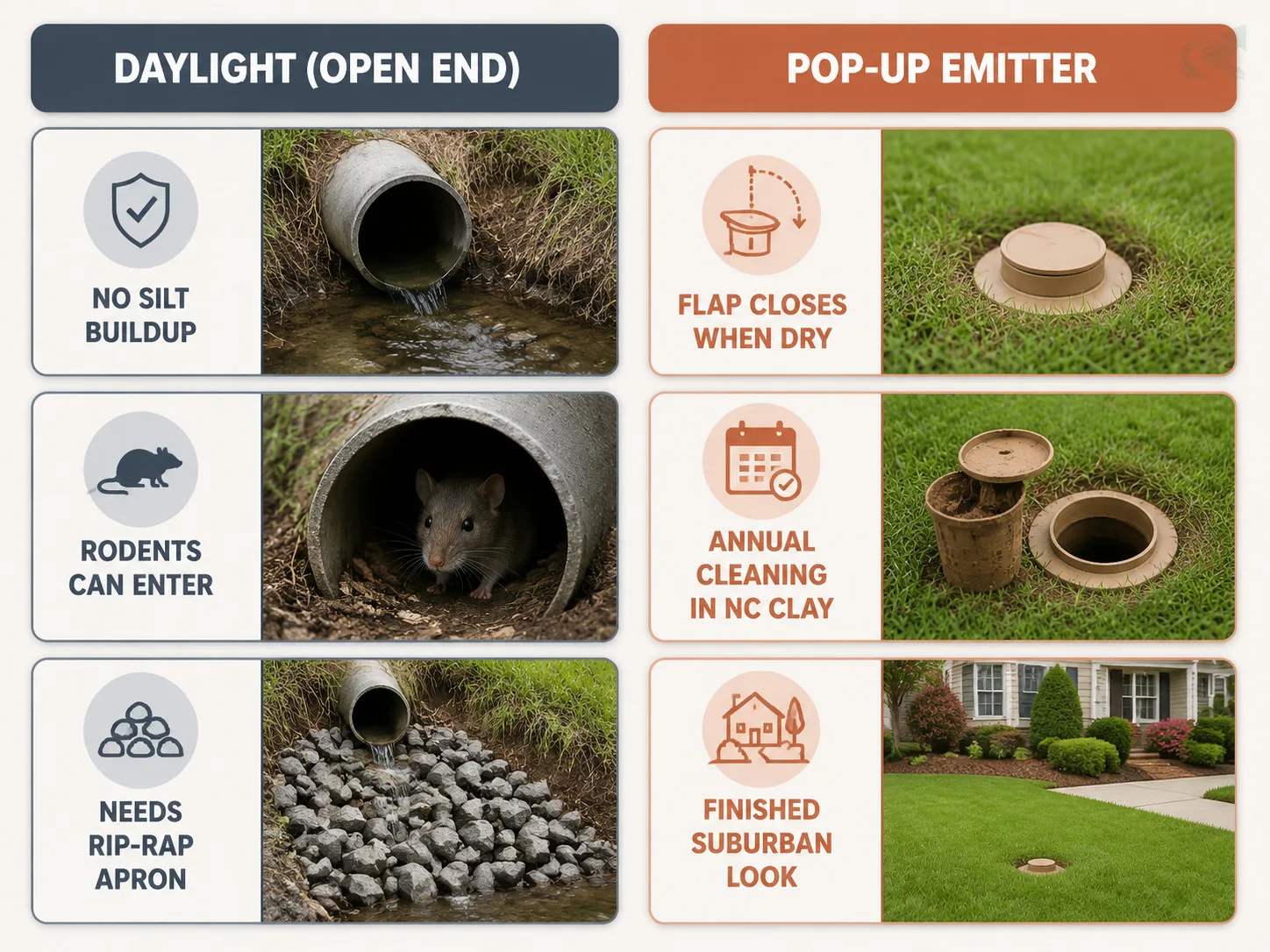 Bento-grid comparison of open daylight pipe end versus pop-up emitter trade-offs for NC drainage