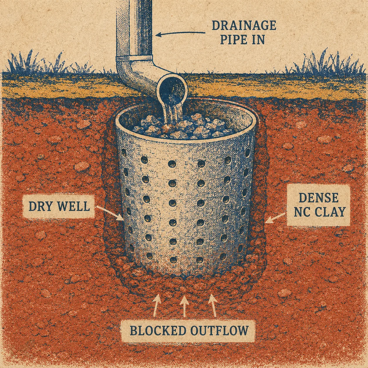 Risograph-style cross-section of a buried dry well surrounded by dense NC Piedmont clay, illustrating why outflow is blocked