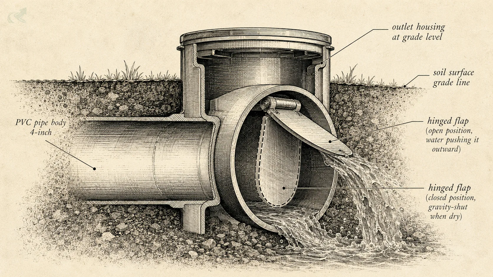 Cross-section field-guide illustration of a 4-inch pop-up emitter showing the hinged flap open under water pressure and closed at rest