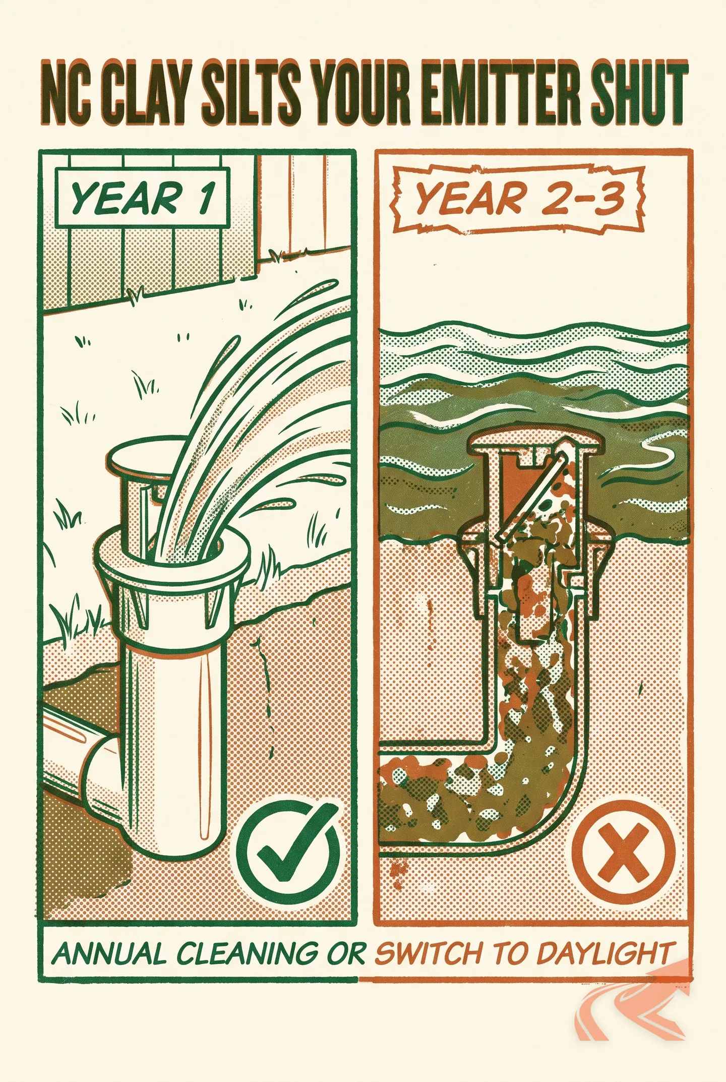 Side-by-side comparison of a pop-up emitter and a daylighted pipe outlet for NC drainage systems, showing why NC clay silts up a pop-up over time
