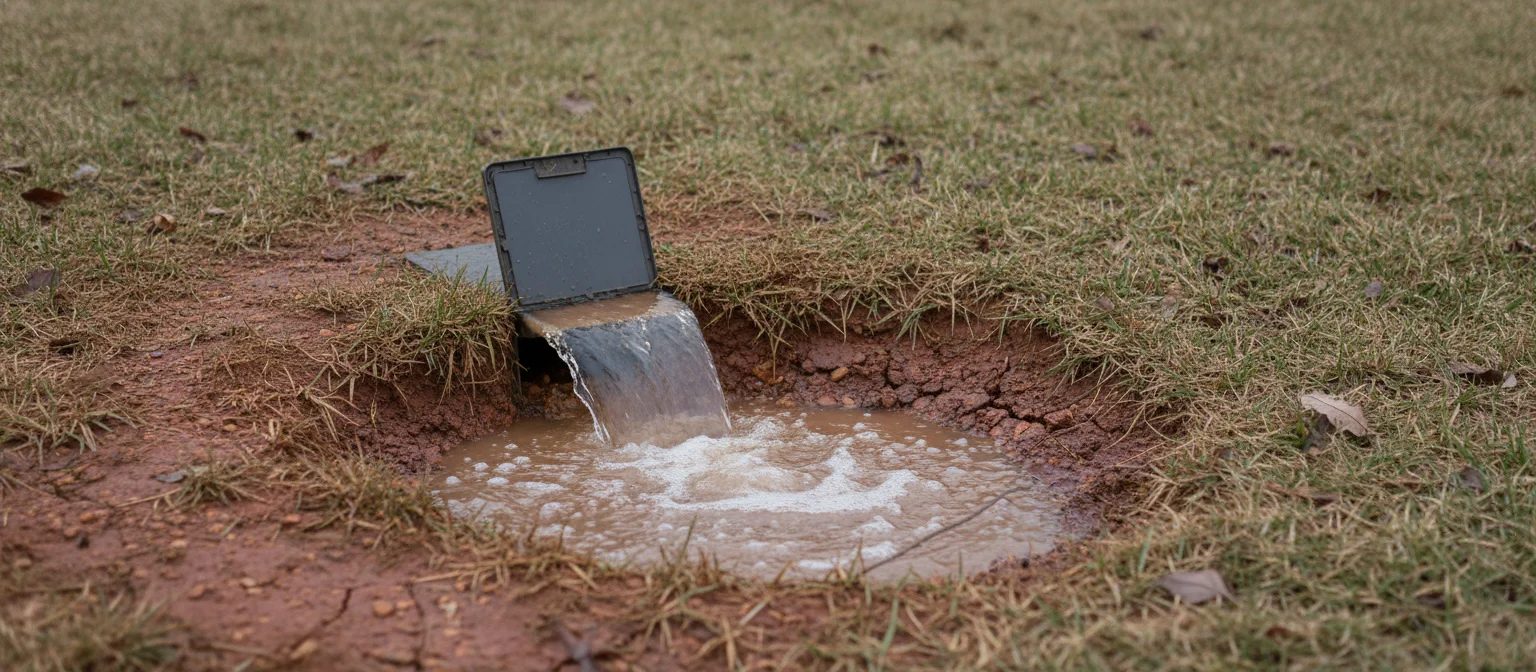 NC drainage pop-up emitter discharging runoff into red clay soil