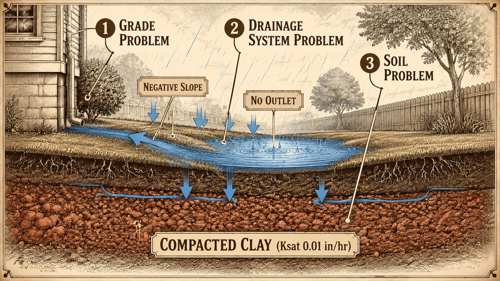 Vintage engraving cross-section of an NC yard showing all three causes of standing water: negative slope toward the foundation (grade problem), a standing puddle with no outlet (drainage system problem), and densely compacted red clay beneath the surface (soil problem)