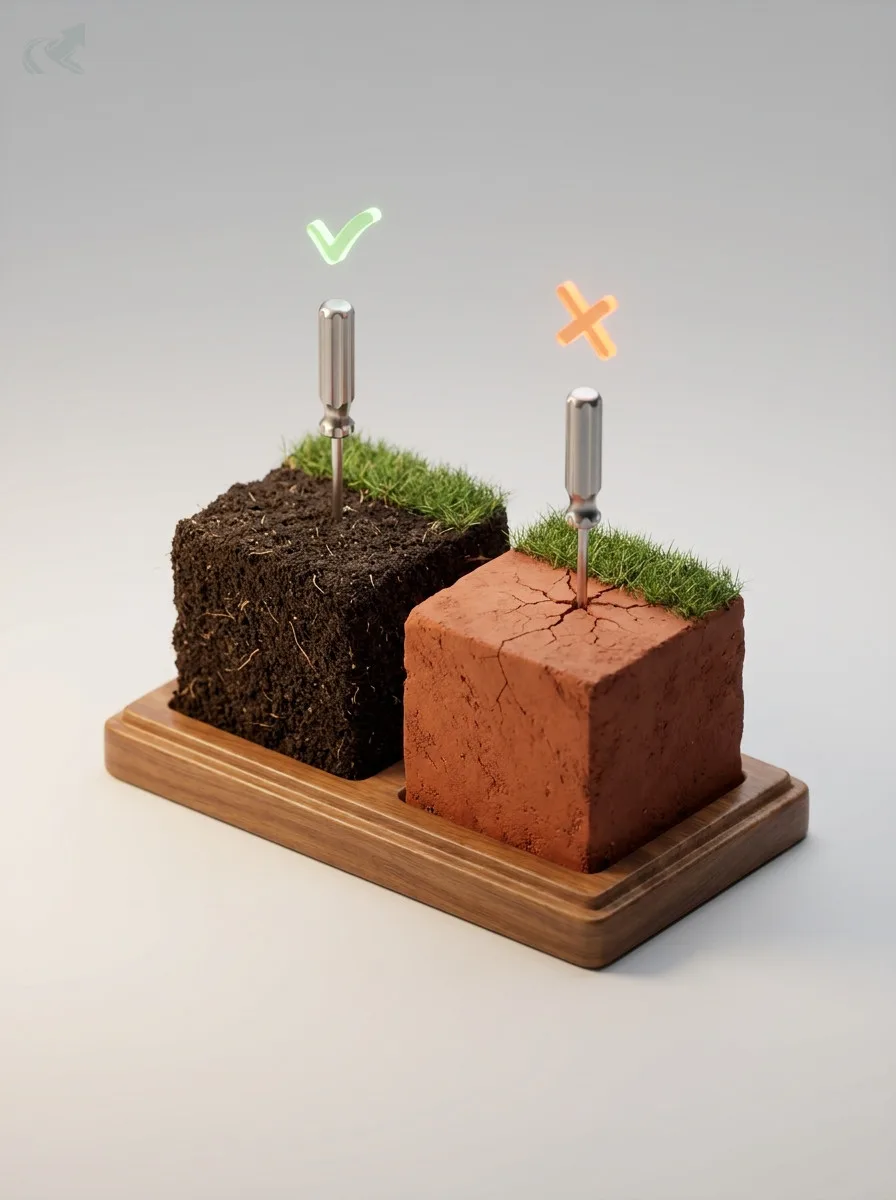 Isometric diorama showing two soil blocks side by side: left block is dark healthy loam with a screwdriver sinking deep and a green checkmark above; right block is cracked red NC clay with a screwdriver stopped shallow and an orange X above