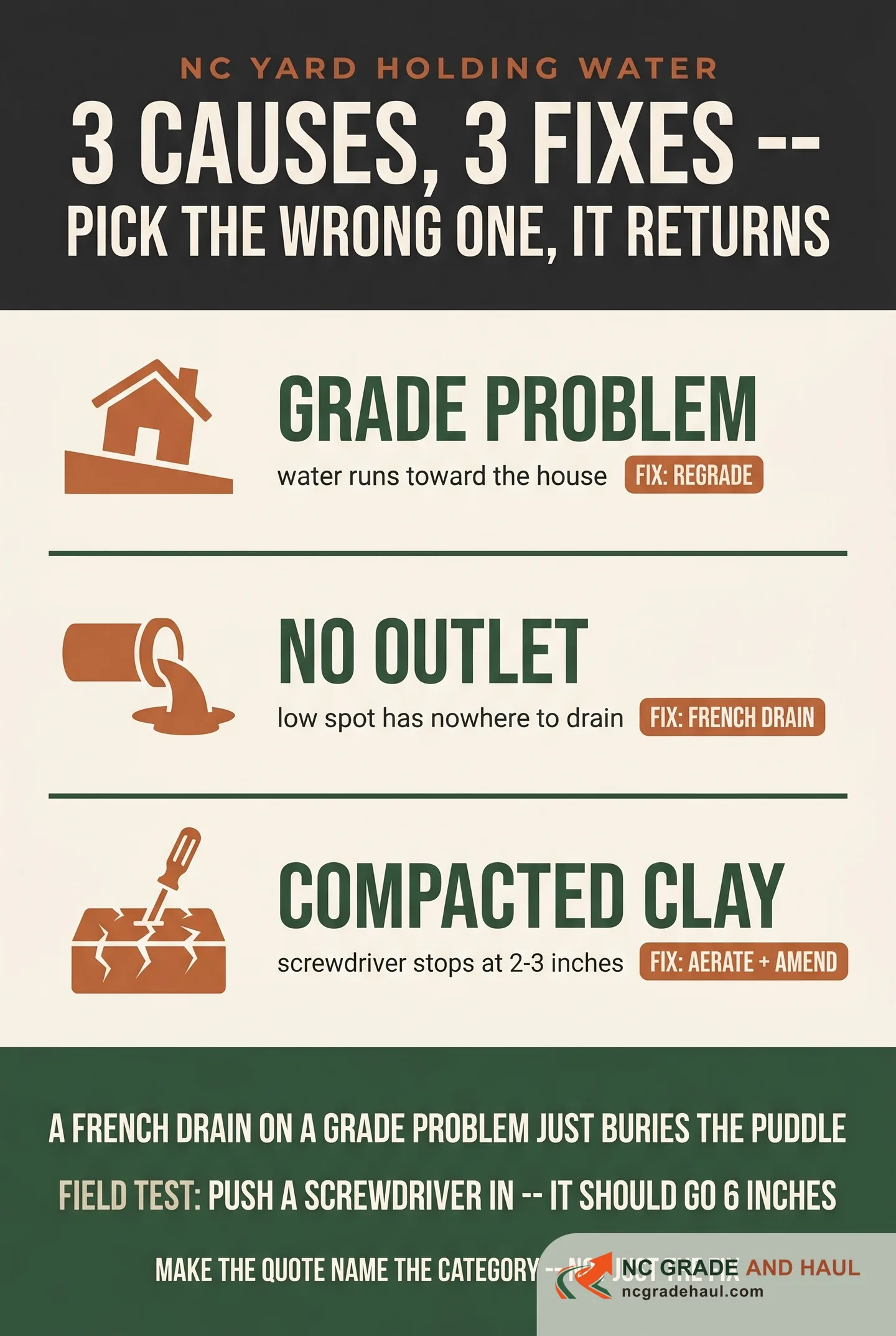 Standing water in a NC yard has three causes, each with its own fix: a grade problem (water runs toward the house) needs a regrade; no outlet (the low spot has nowhere to drain) needs a French drain; compacted clay (a screwdriver stops at 2-3 inches) needs aeration and amendment. A French drain on a grade problem just buries the puddle. Field test: push a screwdriver in -- it should go 6 inches. Make the quote name the category, not just the fix.
