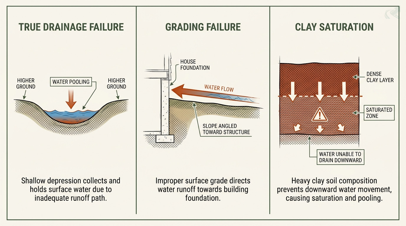 Three cross-section diagrams showing yard drainage failure categories: true drainage failure with water trapped in a low spot, grading failure with slope toward foundation, and clay saturation with impermeable soil layer blocking downward movement