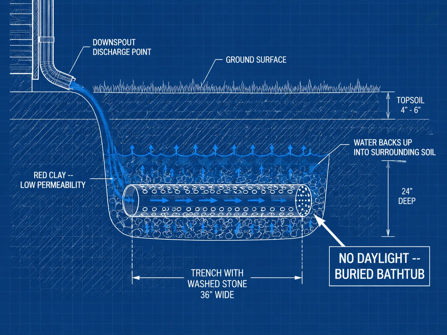 Blueprint cross-section diagram of a French drain with no daylight exit -- the perforated pipe dead-ends inside red clay, water backs up into surrounding soil creating a new standing-water problem beside the trench